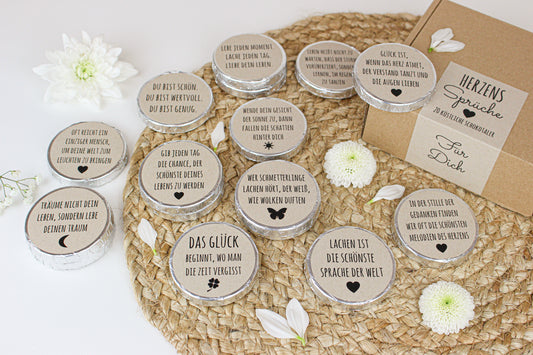 Box mit 20 Fairtrade-Schokotaler mit schönen Herzenssprüchen, Fairtrade-Qualität aus Österreich, Schokoladentaler