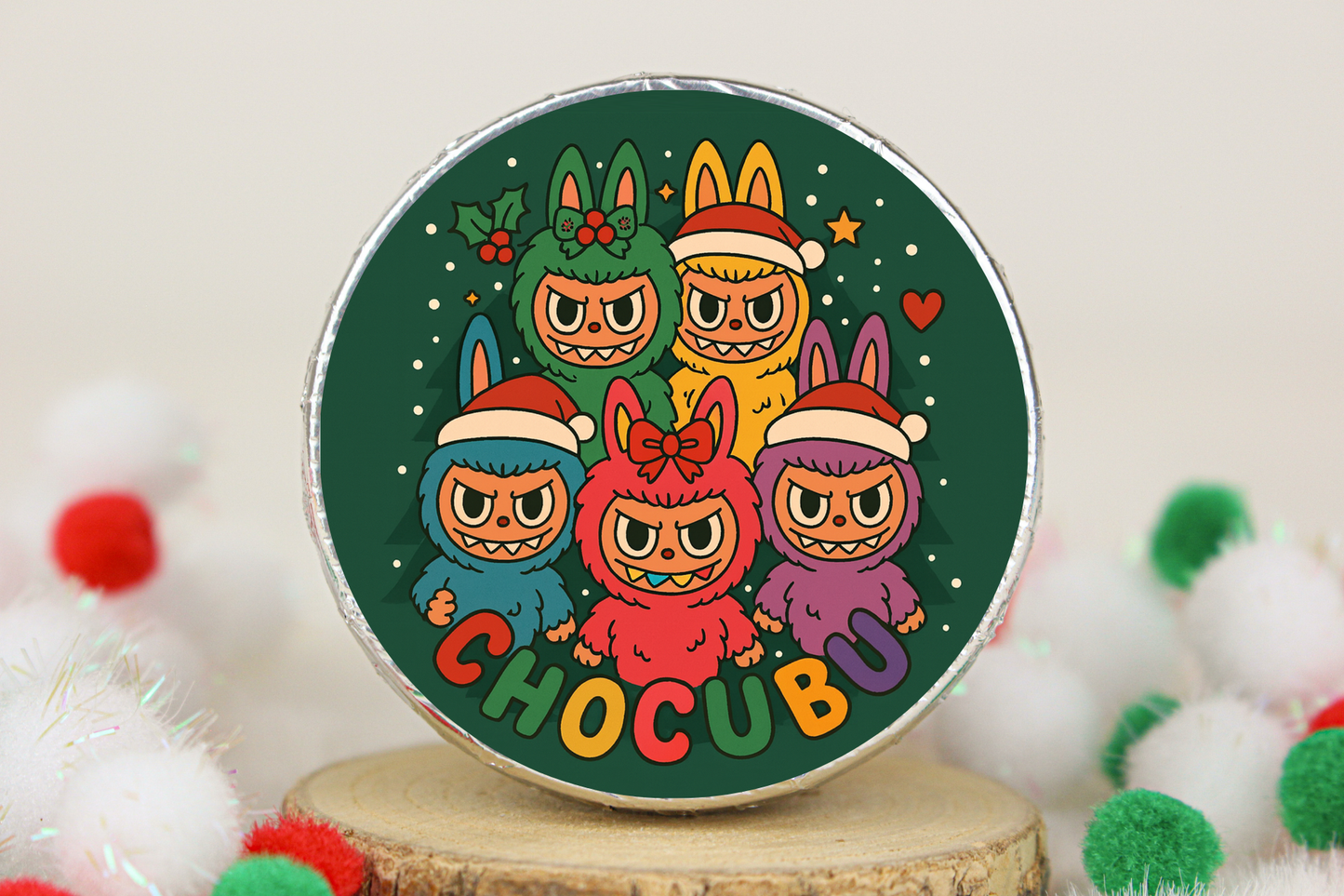Weihnachtsschokolade im Labubu Style, Schokotaler mit süßen Motiven von Schokischenk aus Österreich in Fairtrade-Qualität, Ideal für Händler