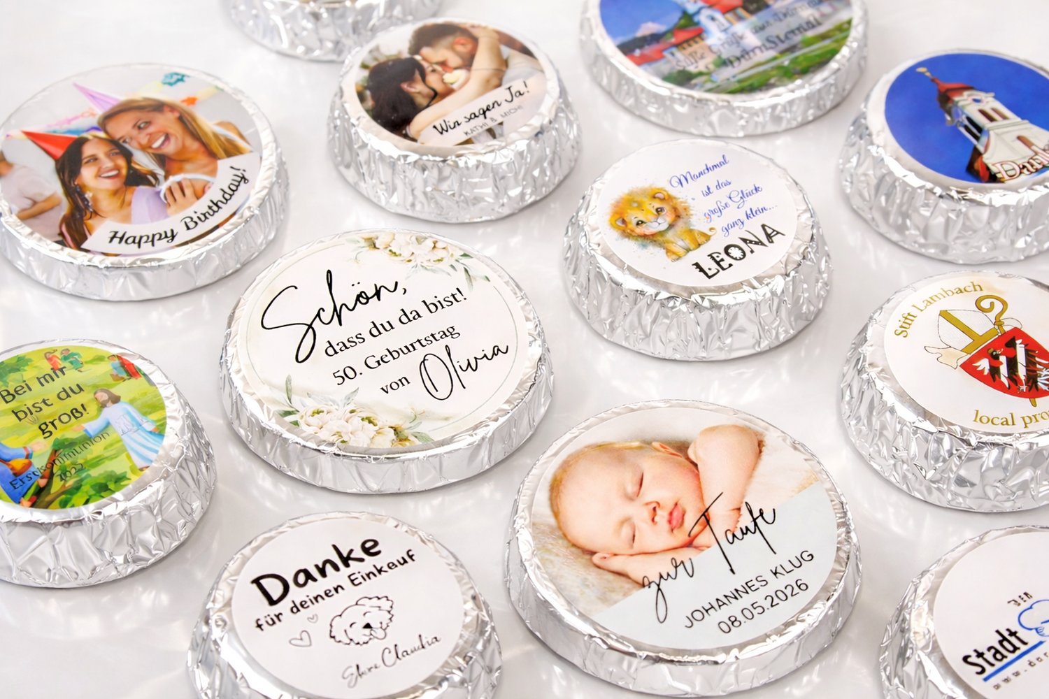 Personalisierte Schokolade mit deinem Motiv zum selber gestalten mit unserem Online-Designer von Schokischenk, Schokotaler mit eigenem Design oder Logo