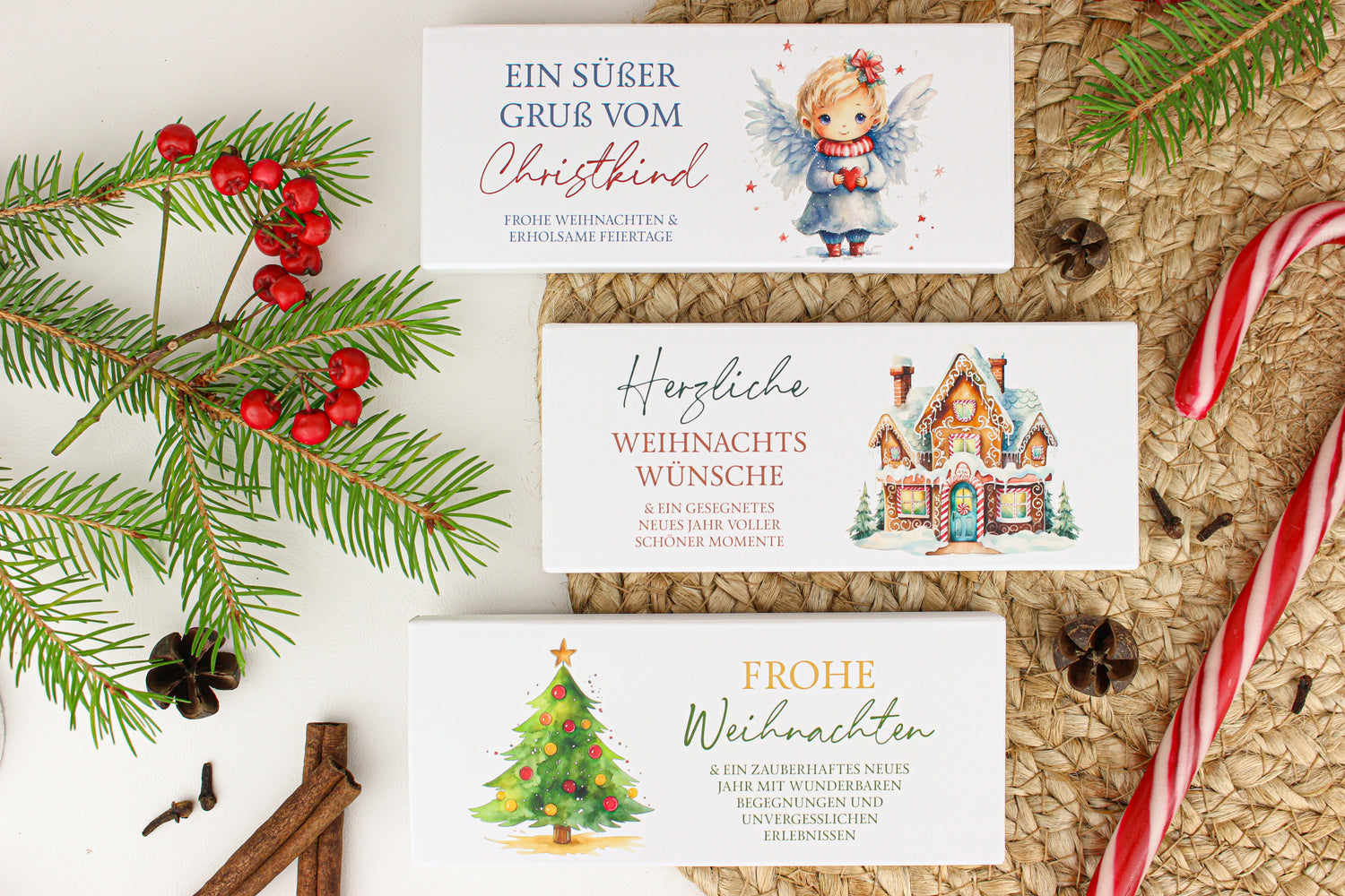 Schokotafel mit Weihnachtsmotiven, Christkind, Lebkuchenhaus, Christbaum ideal als Premium Geschenk, Produziert in Österreich