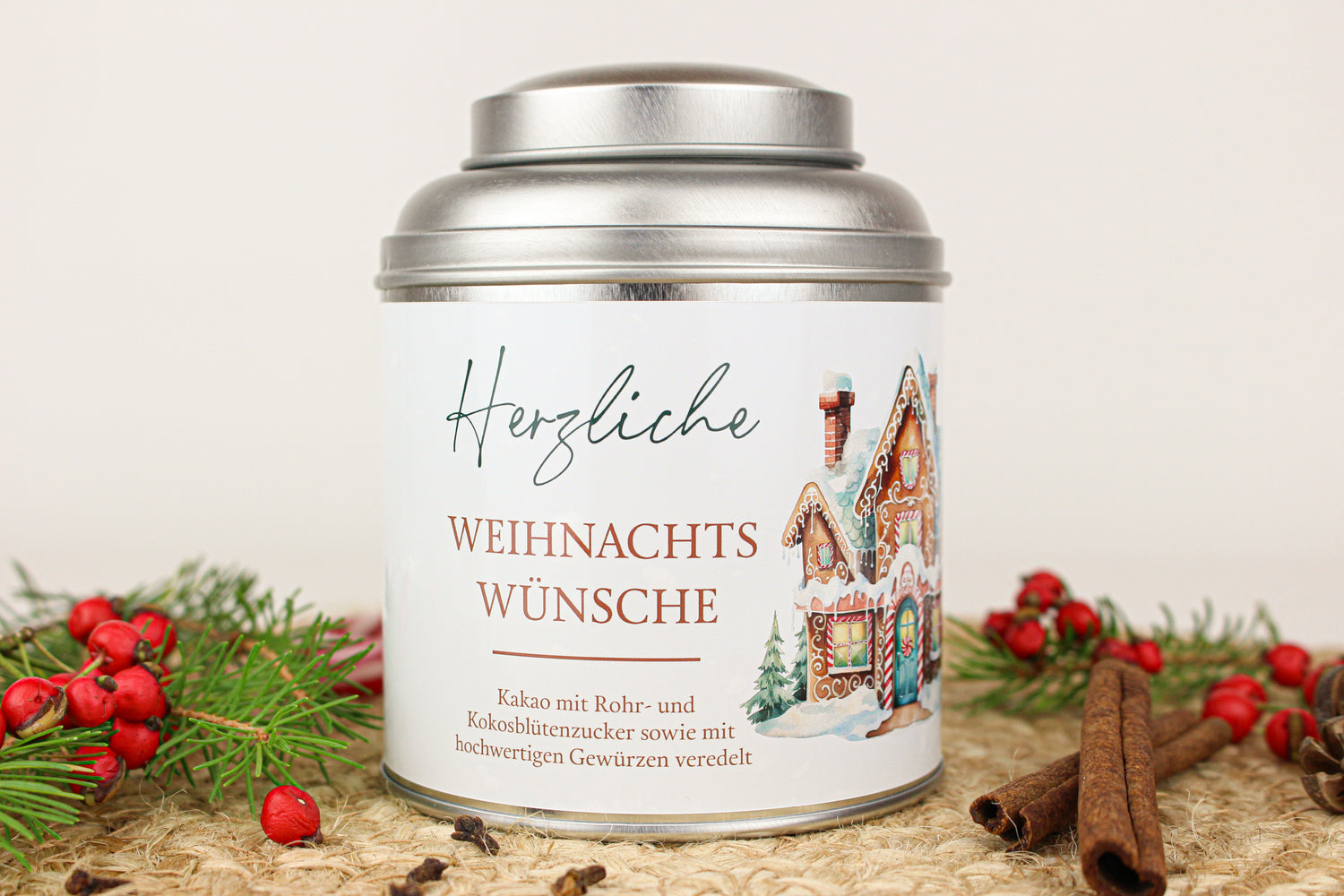 Geschenk-Dose Trinkschokolade mit Rohrzucker und Kokosblütenzucker – Aufschrift: Herzliche Weihnachtswünsche